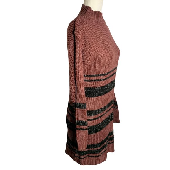 Love Change Mock Neck Sweater Dress M Maroon Knit Long Sleeve Metallic Stripe - Picture 5 of 6